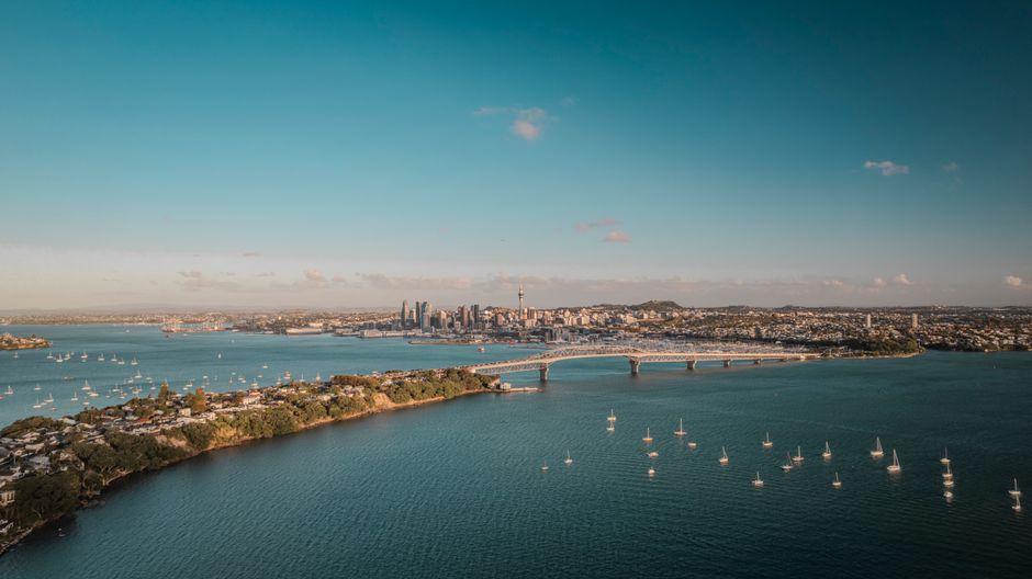 Aerial View of Auckland Skyline and Harbor Bridge